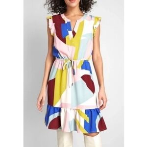 🆕 Modcloth Geometric Drawstring Waist Knee Length Dress Size XS